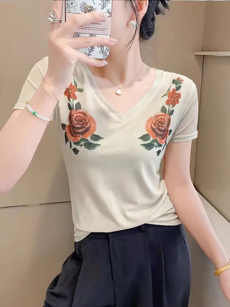 

2025 New Arrival Trend Printed Flowers High Stretch T-shirt Spring Summer Woman Short Sleeve Slim V-neck Mesh Skin-friendly