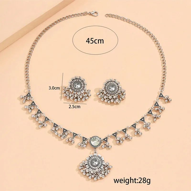 Kymyad Vintage Ethnic Crystal Jewelry Sets For Women Vintage Metal Ball Beads Tassel Choker Necklace Earrings Set Jewelry