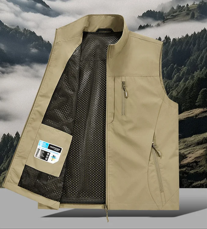 2024 Men's Workwear Vest Casual Fashion Solid Color Hiking Fishing Waterproof Breathable Coat Multi Pocket Portable Tool Top