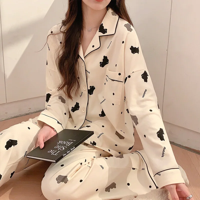 Women\'s Net Red Wind Cotton Long-sleeved Pajamas Home Wear  New Ladies Casual Comfortable Loose Can Be Worn Outside The Suit Ms.