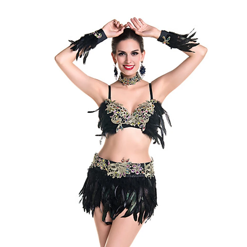 5 Piece Outfits with Rhinestones Sexy Night Club Bar Stage Performance Fabulous Feather Rumba Salsa Dance Wear