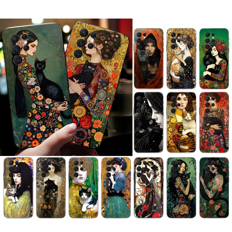 Woman and Cat Art Phone Case For Samsung Galaxy A52S A21S A33 A23 A13 A14 A32 A52 A53 A54 A51 A71 A15