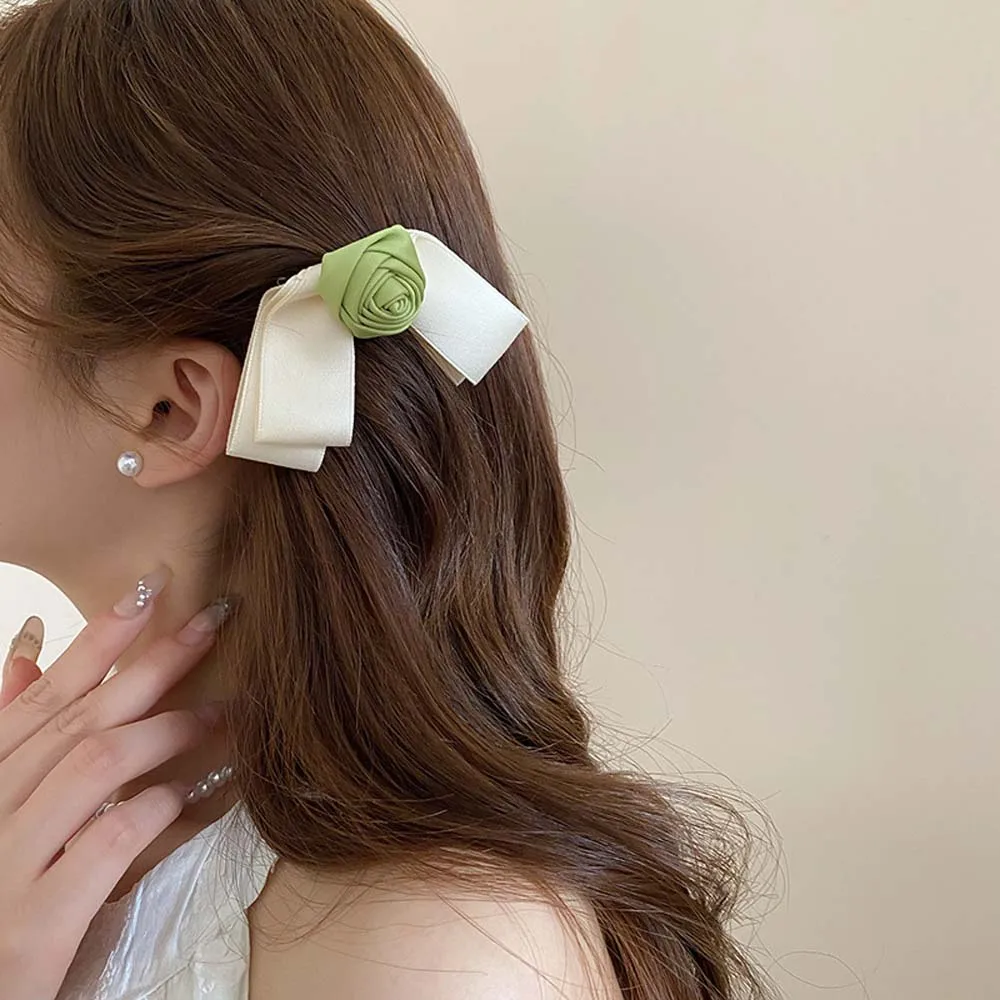 

Creative Cloth Bow Hair Clip Korean Style Headwear Bow Flower Hairpin Pink Green Flower Side Clip Girls