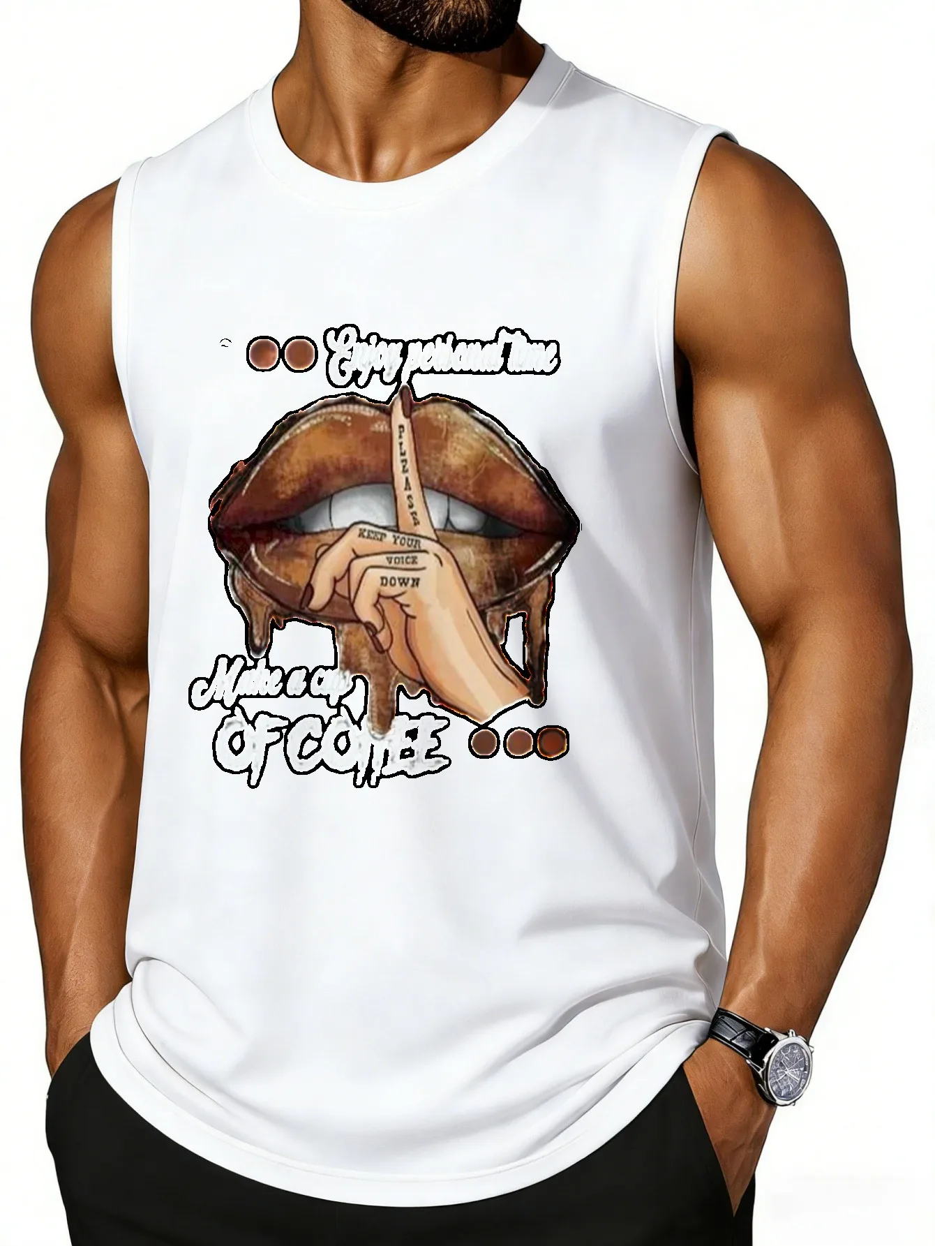 CLOOCL Enjoy personal time, make a cup of coffee printed vest, fashionable sports tank top, men's summer casual top
