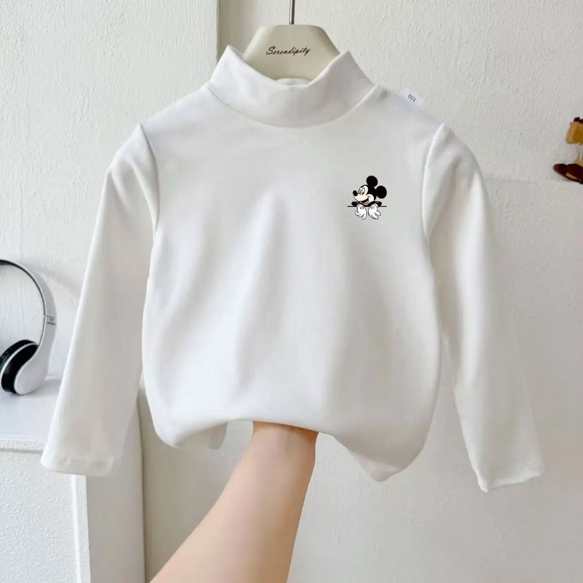 

Boys' Solid Color Velvet Warm T-shirt Autumn Winter New Disney Mickey Cartoon Print Pullover Children Thicken Long Sleeve Tops