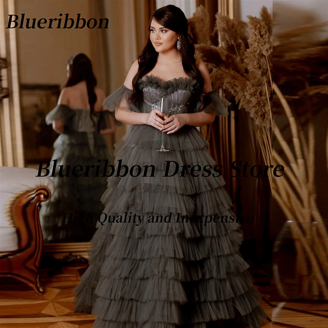 Blueribbon المتدرج تول فساتين لحضور الحفلات الموسيقية مخصصة قبالة الكتف حفلة تنكرية مأدبة ثوب للنساء الدانتيل حتى الظهر مساء اللباس #1