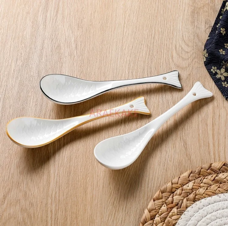 ملعقة سيراميك إبداعية ولطيفة ، ملعقة ذيل السمكة ، ملعقة حساء للشرب المنزلي ، ملعقة سيراميك بمقبض طويل