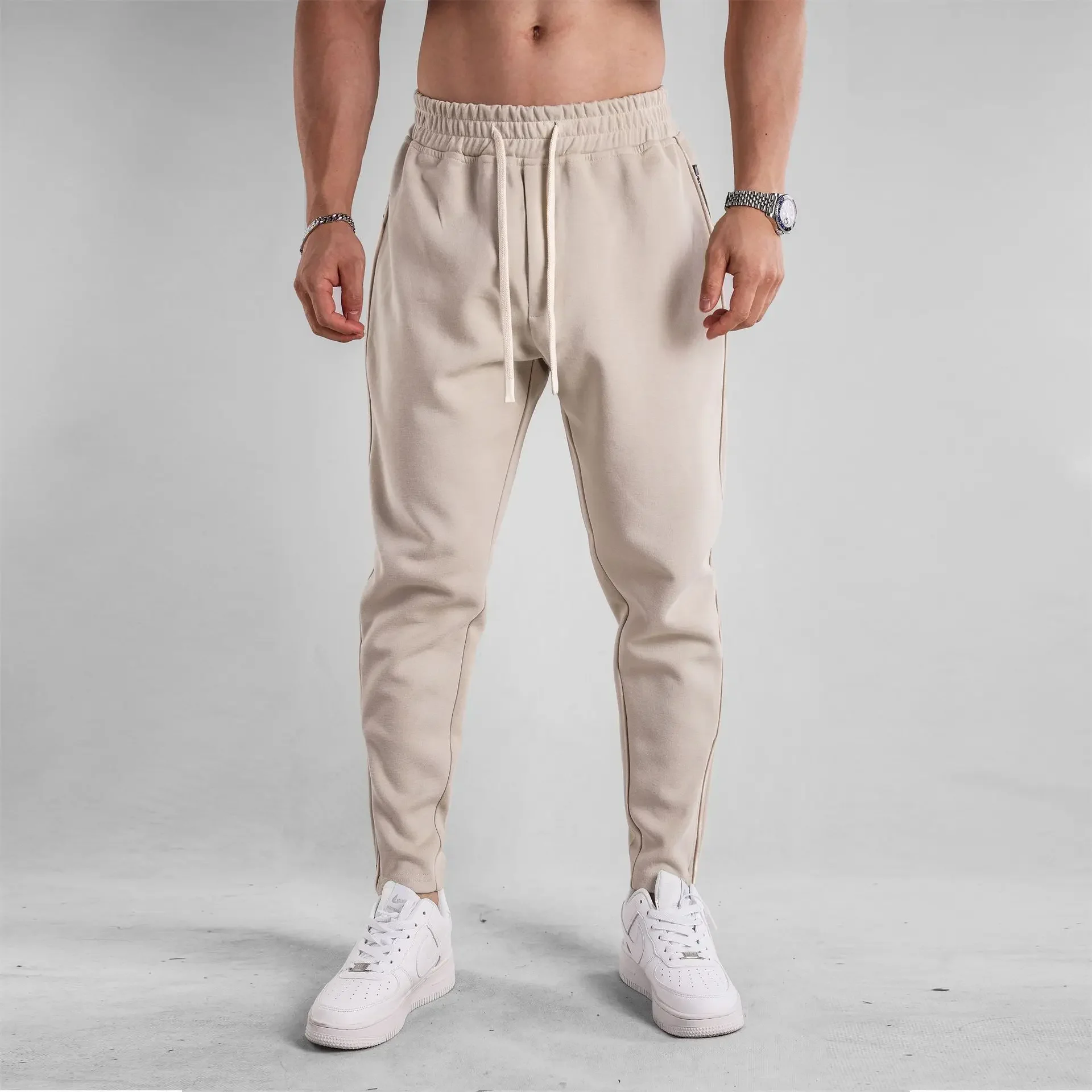 Custom LOGO spring and autumn cotton sweatpants men\'s new slim-fitting foot zipper tied feet casual trousers