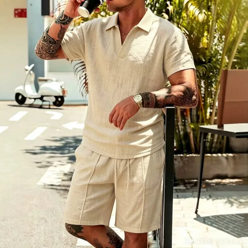 New 2026 Summer Men's V-neck Short Sleeved Shorts Set, Casual and Loose