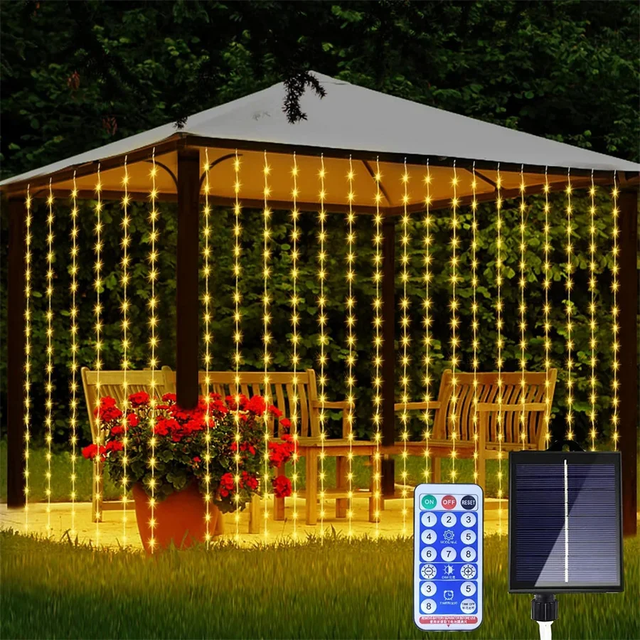 

Solar Curtain Light 6X3M 600 LED Outdoor Solar Window Curtain Icicle Light With Remote for Patio Fence Wedding Wall Gazebo Decor