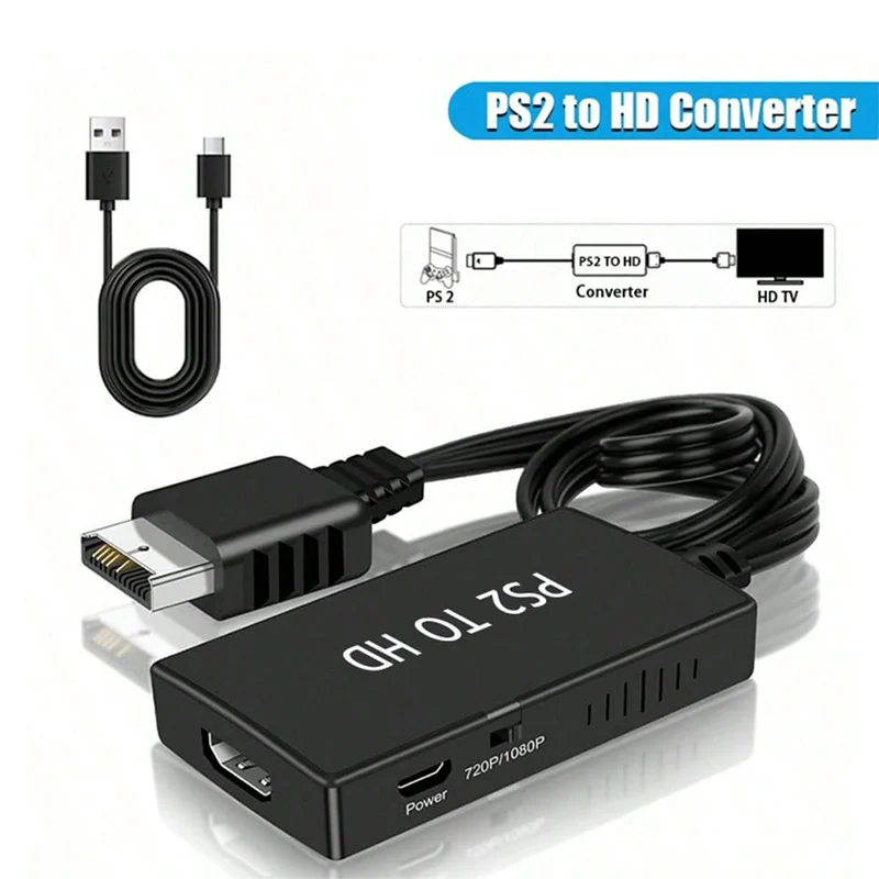 PS2-to-HD 1080p Video and Audio Converter Adapter, Supports PS2 Display Mode, Compatible with HD TVs and Full HD PCs