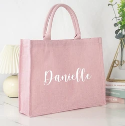 Pink Tote Bag, Personalized Burlap Tote Custom Name Jute Bridesmaid Wedding Gift Bag, Bachelorette Favor Bag