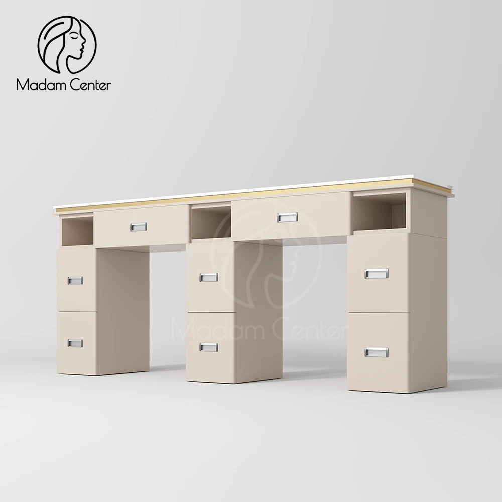 Madamcenter Marble Stone Top Luxury Modern Nail Table Double Seats Eco-Friendly Durable Acetone Resistance Multi Storage Home