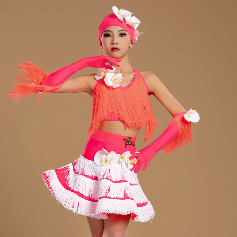 Traje de baile latino para niños, ropa de actuación para niñas, conjuntos de vestidos de baile con borlas de flores, traje de competición de baile Cha Rumba BL14137