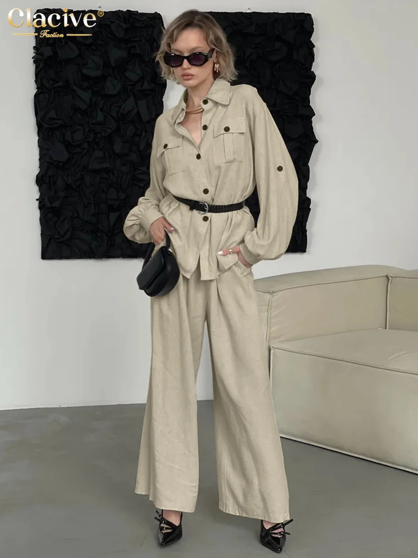 

Clacive Fashion Loose Beige Cotton 2 Piece Sets Women Outfit 2025 Elegant Long Sleeve Blouse With High Waist Wide Pants Set