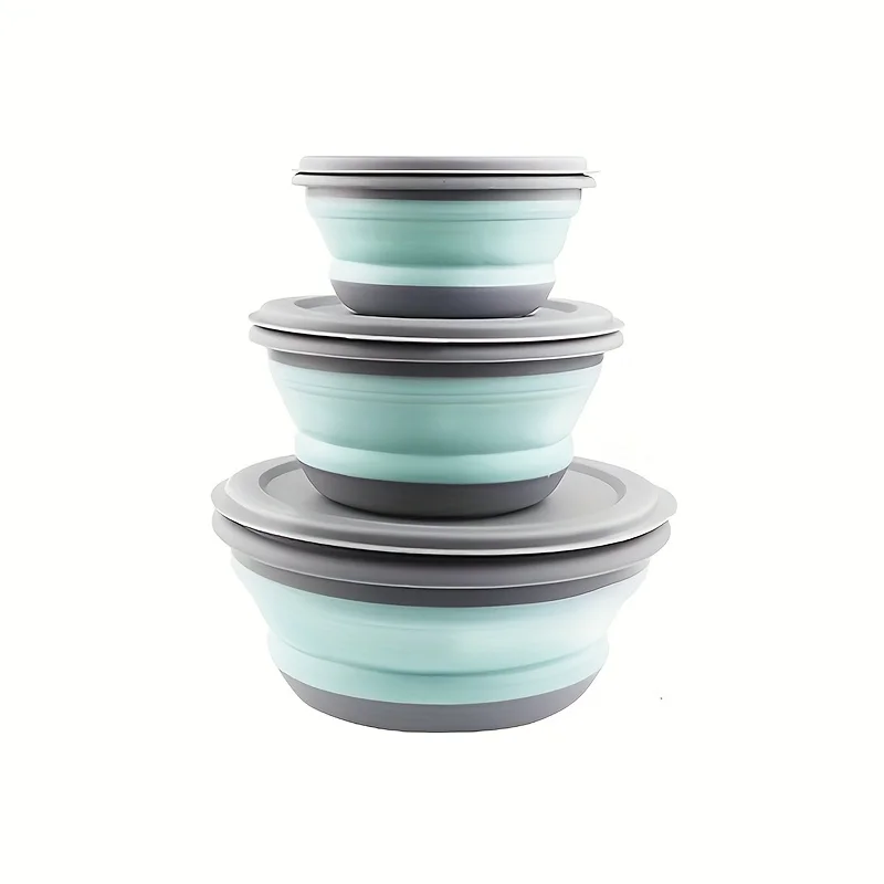 3pcs/Set Camping Bowl Foldable Collapsible Bowl Lunch Box Salad Bowl Lid Expandable Food Storage Container Bento Box