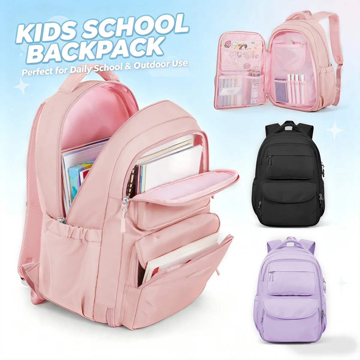 女子学生用スクールバッグ、子供用リュックサック（冷蔵庫ドア付き）、小学生用リュックサック、ピンクの軽量スクールバッグ（8歳～16歳の女の子向け）