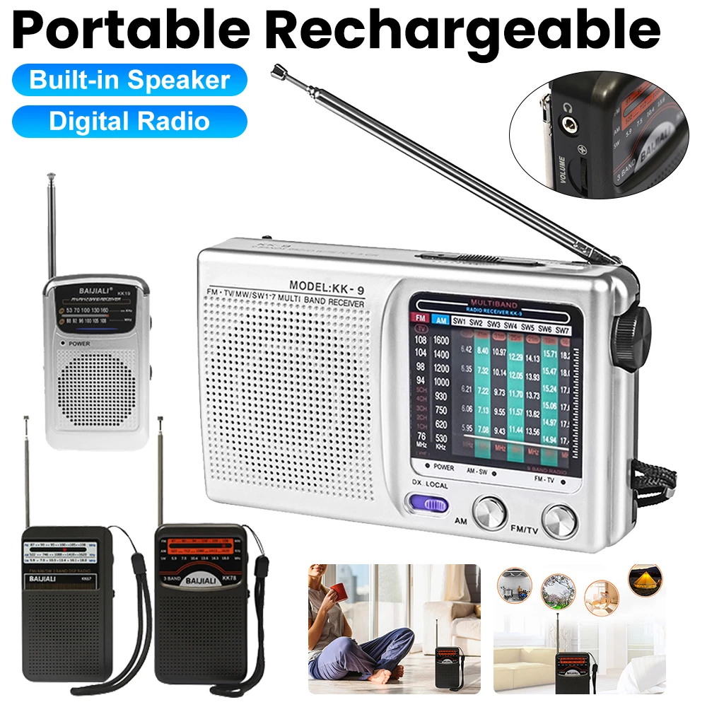 Digital Radio Built-in Speaker Portable Mini Emergency Radio Rechargeable SW/AM/FM LCD Display Stereo Radio for Indoor Outdoor