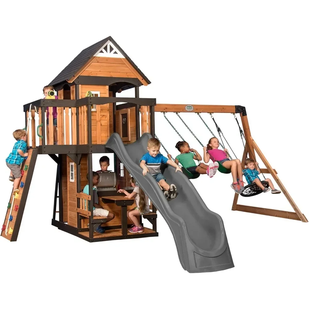 All Cedar Wood Swing Set w/Grey Wave Slide w/Grill, Plastic Food, Picnic Area, Steering Wheel, Two Belt Swings, Playhouses