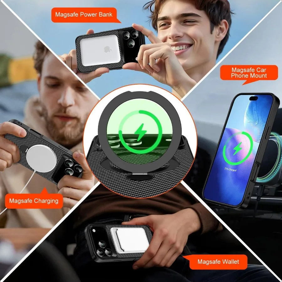 Etui na iPhone 17 Pro Max z magnetycznym stojakiem 360° [Kompatybilne z MagSafe] Ochronne etui z włókna węglowego + 2 sztuki szkła hartowanego