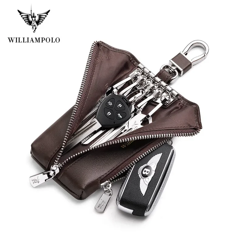 WILLIAMPOLO New Genuine Leather Keychain Men Key Holder Organizer Pouch Cow Split Car Long Key Bag Housekeeper Key Case wallet