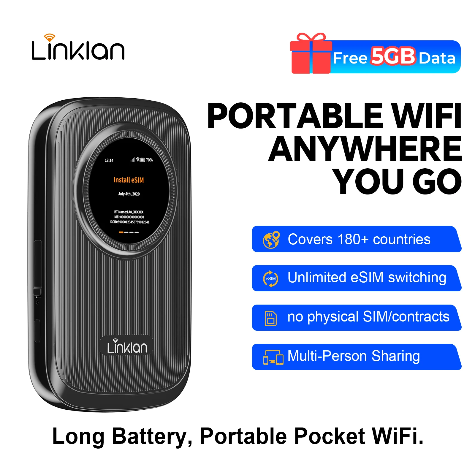 Linklan Global ESIM Portable WiFi, 4G Mobile Router, Dual-mode Virtual SIM & Physical Card, Roaming Wireless Hotspot Device, Hig - view 3