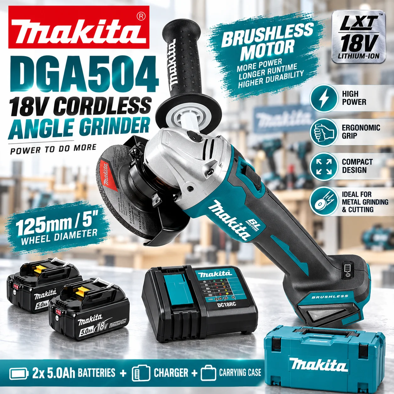 Für Makita DGA504 18V LXT Bürstenloser Akku-Winkelschleifer 125mm 8500RPM Professionelles Elektrowerkzeug zum Schneiden und Schleifen Deutsches Lager Schnelle Lieferung