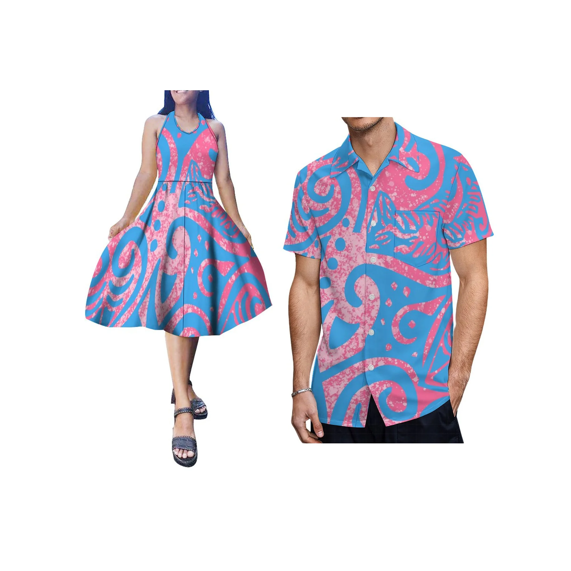 Novo estilo personalizado samoa tonga polinésia design tribal impresso decote em v halter oco para fora sem mangas feminino baile de formatura vestido casual