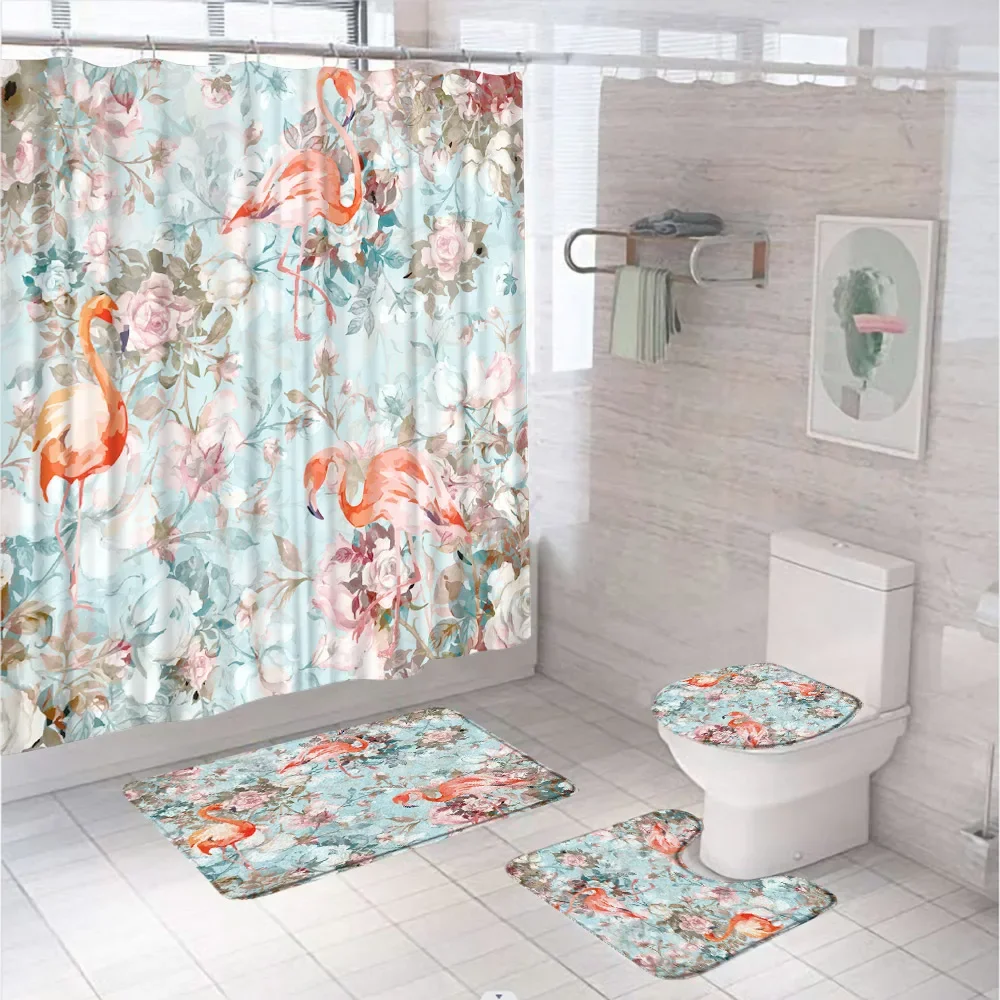 Flamingo Shower Curtain Bath Mat Set Animal Blue Flower Couple Bathroom Screen Toilet Lid Cover Anti-slip Carpet Flannel Rug Pad