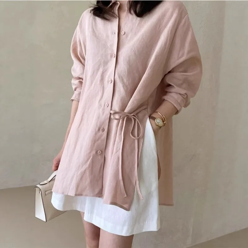

Johnature Summer New Shirt Women 2025 Casual Simple Loose Long Sleeve Slit Irregular Sunscreen Lace-up Tops