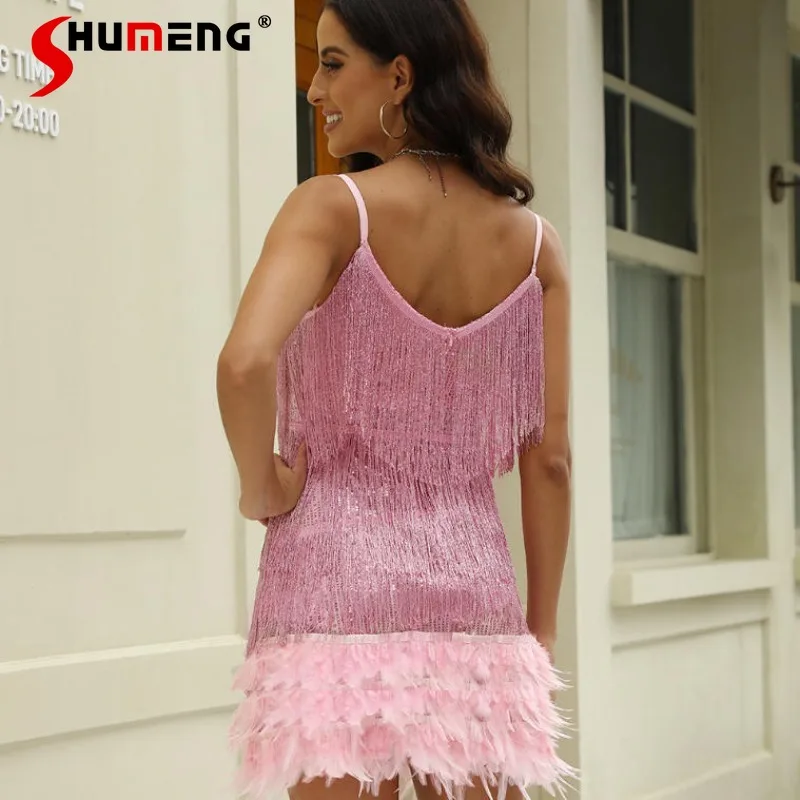 Abito da donna sexy con nappe alla moda Abito da sera con paillettes in piume con scollo a V Abito estivo femminile senza maniche con cinturino multicolore