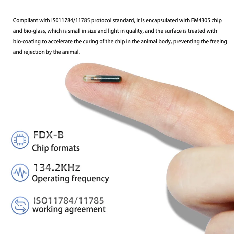 Microchip RFID para animales, etiqueta con Chip EM4305, ISO11784/5 FDX-B, 134,2 KHZ, 2,12x12mm, 1,4X8mm