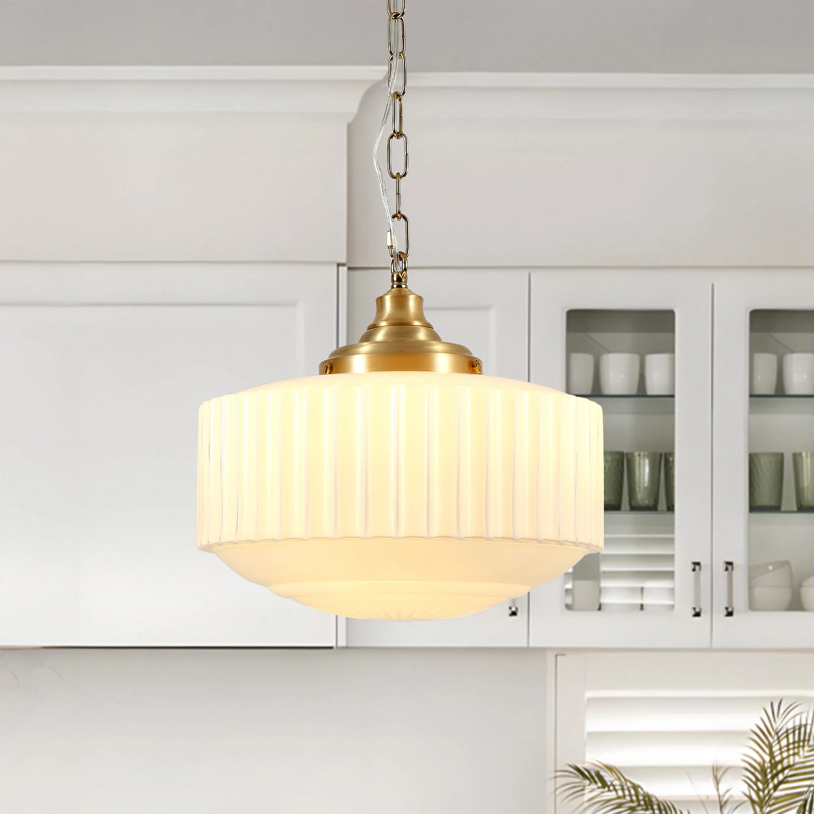 ARLGSITE Ribbed Milk Glass Pendant Light Brushed Gold Adjustable Chain Hanging Lamp Modern Farmhouse Pendant Lighting for Kitchen Island Dining Room Living Room (1-Pack)