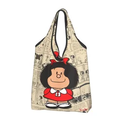 Vintage Mafalda Manga Grocery Shopping Bags Kawaii Shopper Tote Shoulder Bags Big Capacity Portable Quino Comic Cartoon Handbag