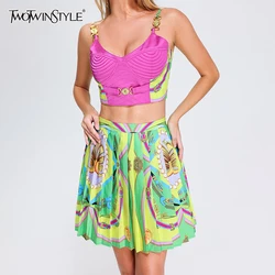 TWOTWINSTYLE Hit Color Printing Two Piece Sets V Neck Sleeveless Vest High Waist Pleated Skirt Sexy Set Female Fashion Clothing