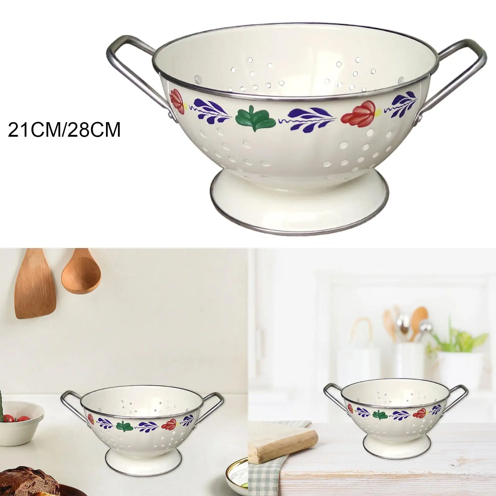 

Metal Colander Serving Bowl with Drain Holes Multipurpose Smooth Fruit Bowl with Drainage Strainer Basket for Pasta Kitchenware