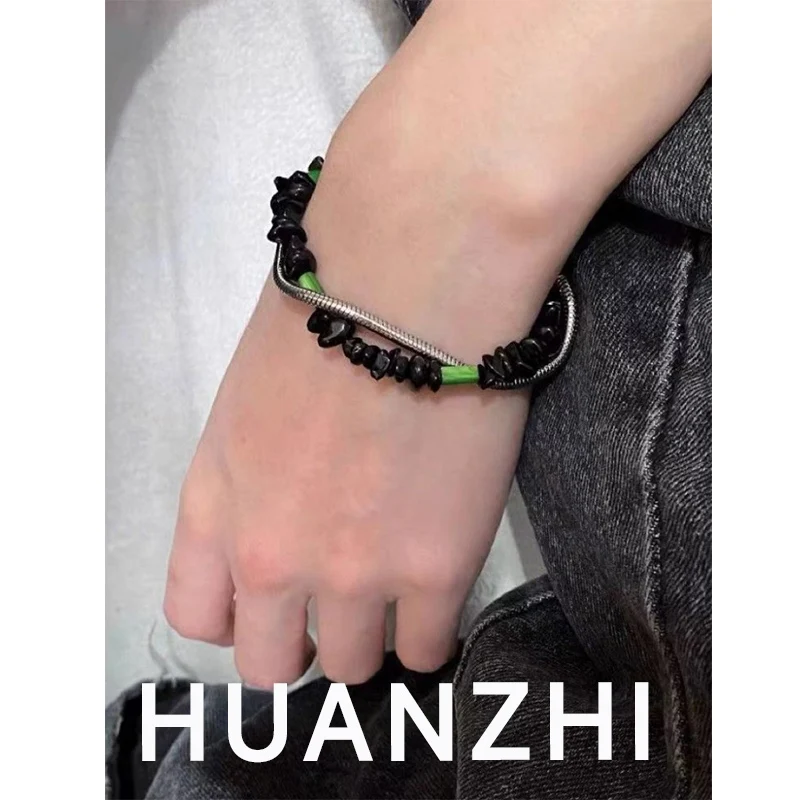 HUANZHI Green Black Natural Stone Double Layer Bracelet Fashion Men Punk Jewelry Vintage Elegant Jewelry For Women Couple New