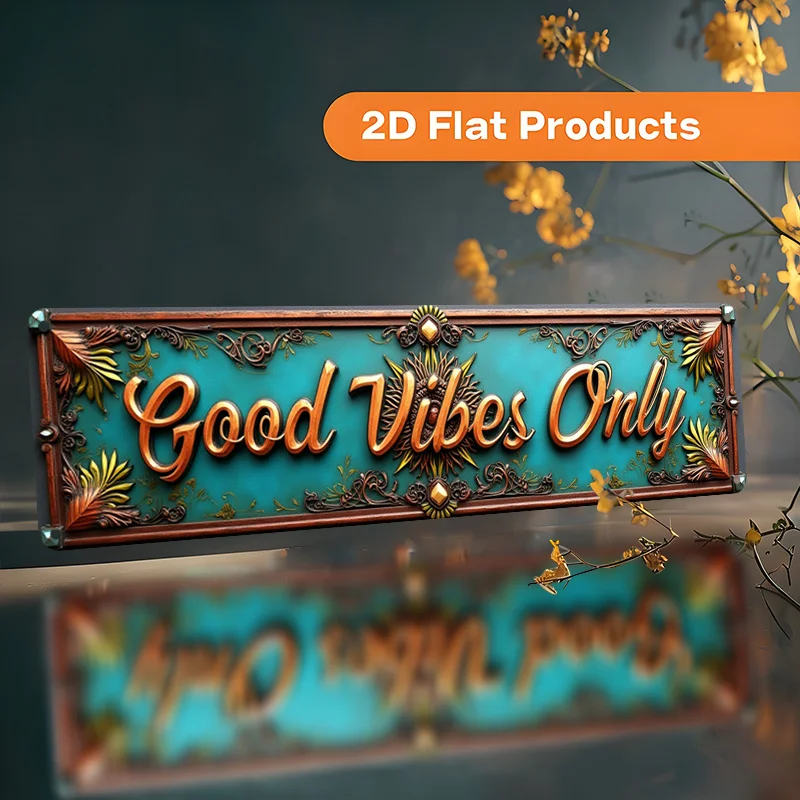 2D Flat, 'Good Vibes Only' Vintage Aluminum Wall Sign - 2D Flat Metal Decor with Floral Design, Easy to Install, Perfect for Hom