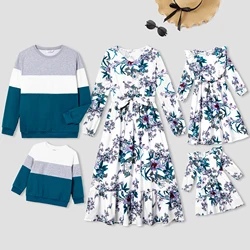 PatPat Family Matching Colorblock Long-sleeve Tops and Floral Print Long Sleeve Belted Dresses Sets