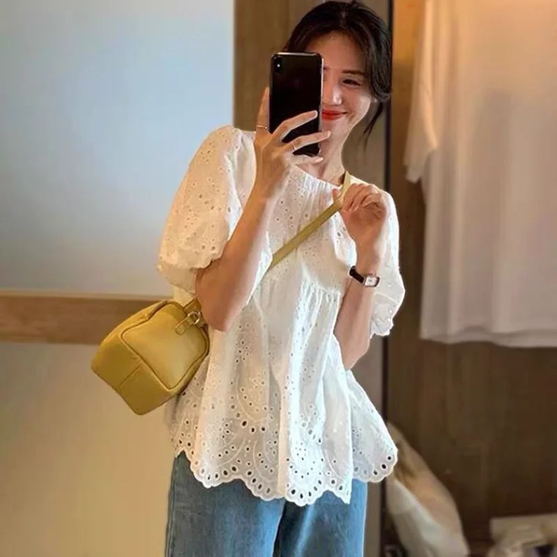 Blouses Women Hollow Out Simple Creativity Classics Popular Daily Korean Style Sweet Ladies Summer Modern Leisure Personality