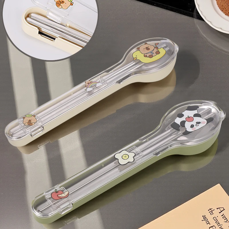 

3 Pcs Portable Cutlery Set 304 Stainless Steel Spoon Chopsticks Cute Storage Case for Travel Dinnerware Set Christmas Gift