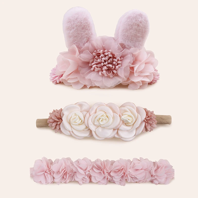 Very Popular Multiple Styles Elegant Sweet Cute Noble Little Rabbit Rose Pink Purple Green Khaki Handmade Nylon Headbands 3pcs