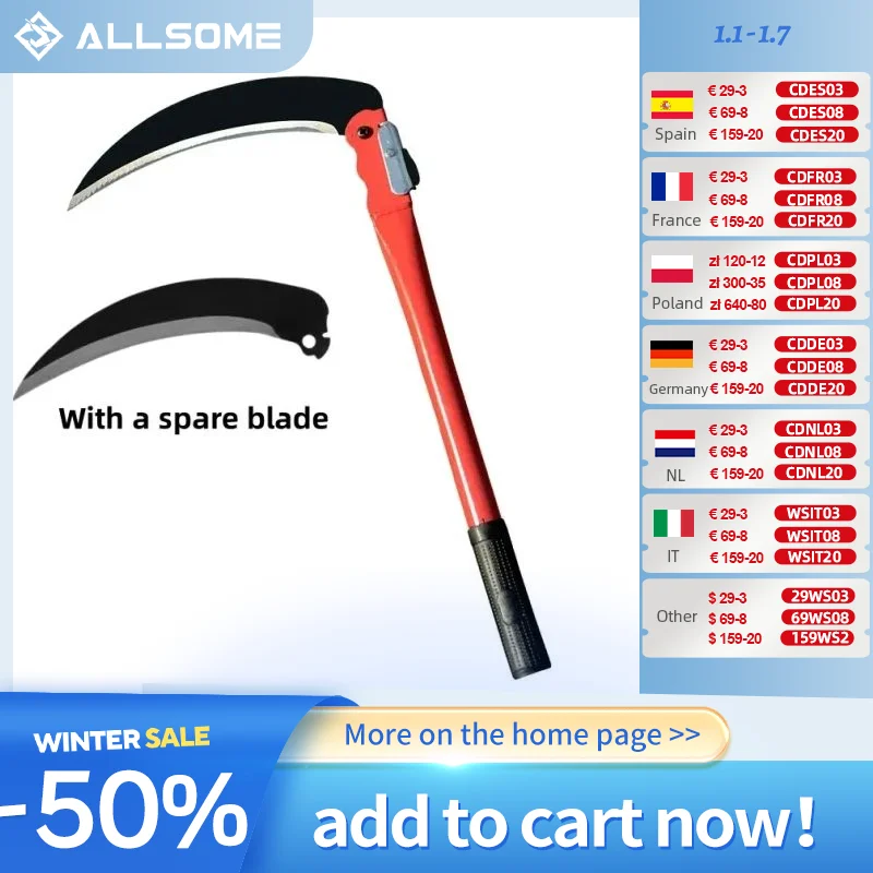 Long Handle  Folding Scythe Agricultural Folding Sickle Lawn Mower Gardening Grass Weeding Knife with spare blade Garden Tool