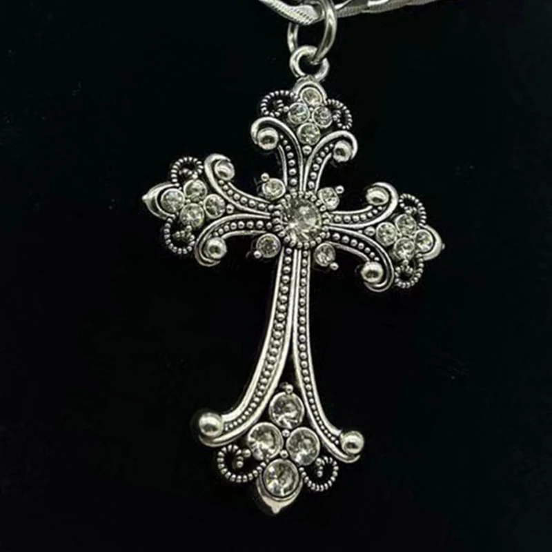 Large Detailed Cross Drill Pendant Necklace Silver Color Tone Gothic Punk Jewellery Fashion Charm Statement Women Girls Gift