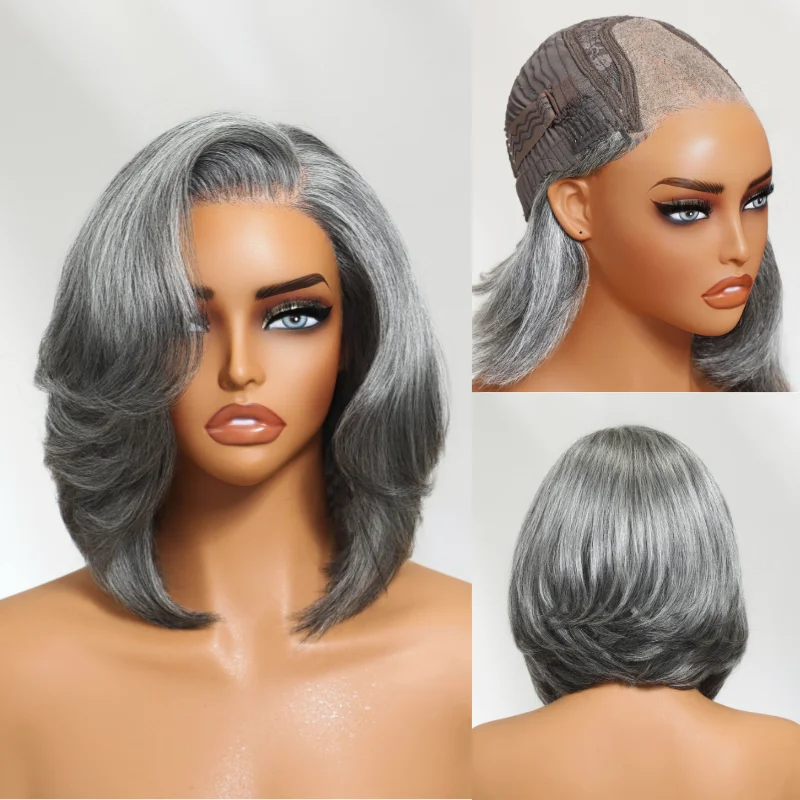 Klaiyi Short Bob Lace Wig Grandma Grey color Human Hair Side Part Pre Cut 6.5x1.5 Lace Layered Wig