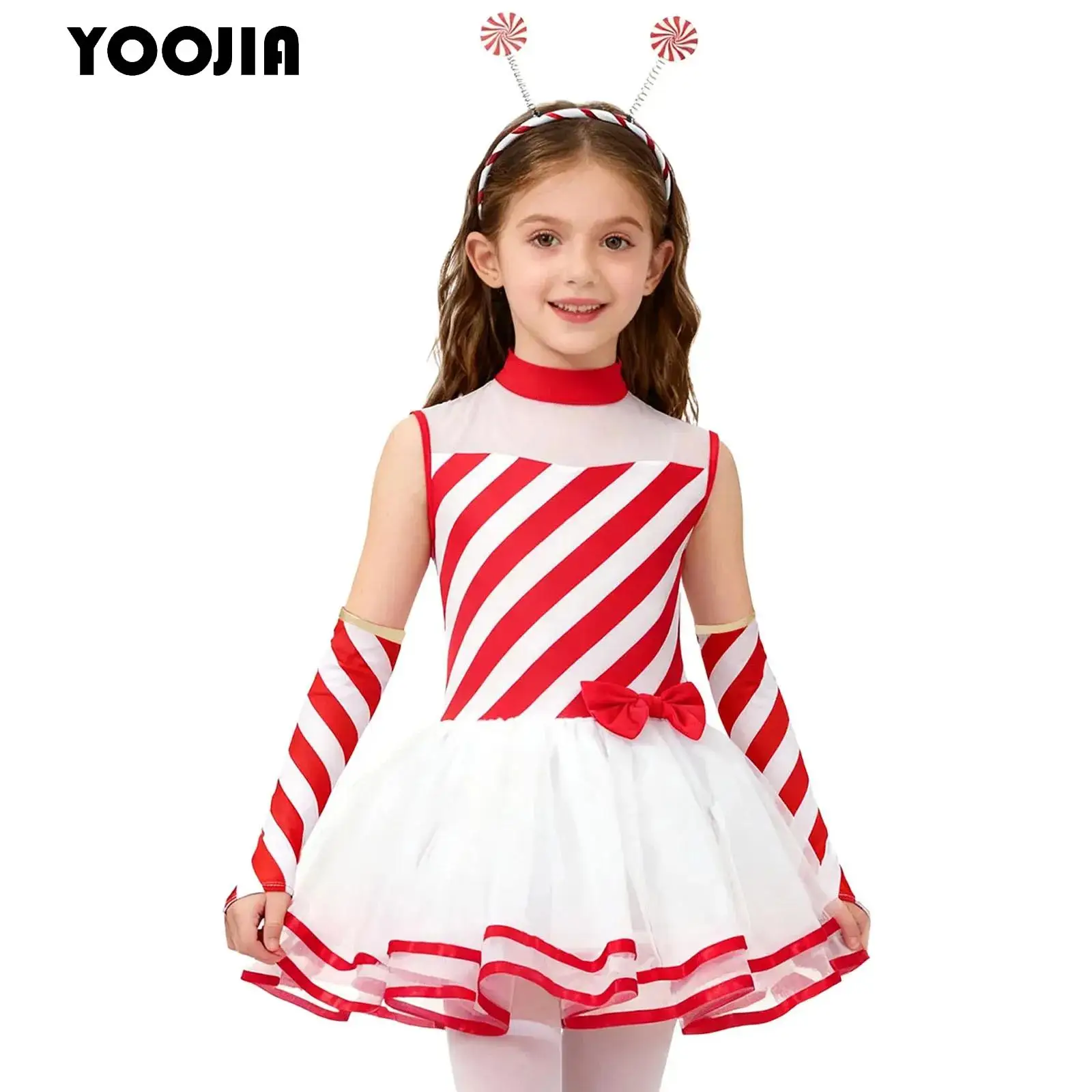 

Girls Candy Cane Christmas Costume Teen Mrs Santa Claus Cosplay Ballet Tutu Dance Dress Bowknot Leotard Figure Skating Dancewear