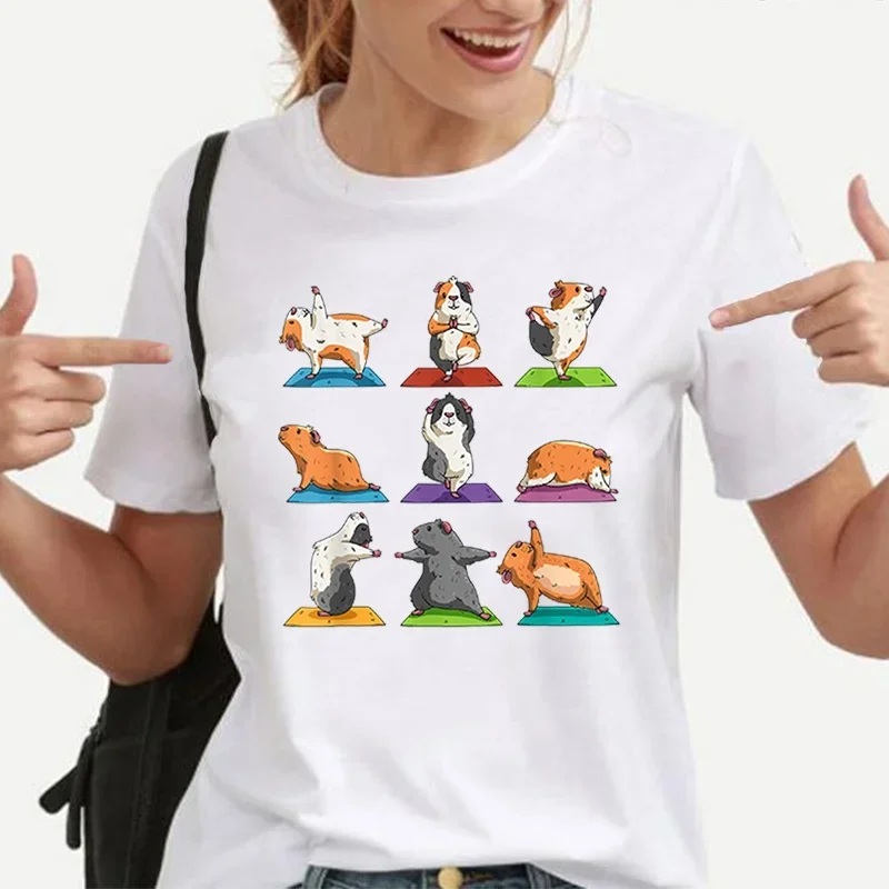 ヨガモルモットプリント Tシャツユニセックスクール夏カジュアル Tシャツ女性服ファッショングラフィック Tシャツ美的服 Y2k