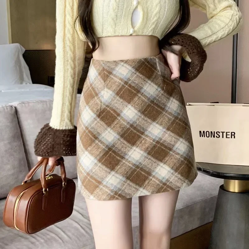 New 2024 Spring Autumn Women's Plaid Woolen Red Petite A- line Bodycon Skirt Winter Mini Dress Skirt2024