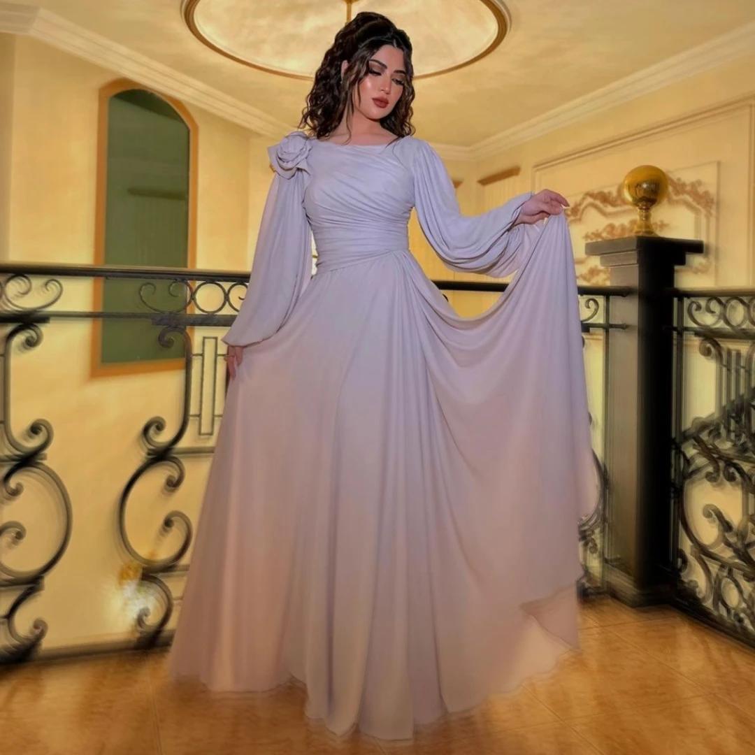 

Santorini Saudi Arabia Celebrity Women Wear Long Sleeves Prom Dresses Flower A Line Ruched Special Banquet Party Evening Gowns