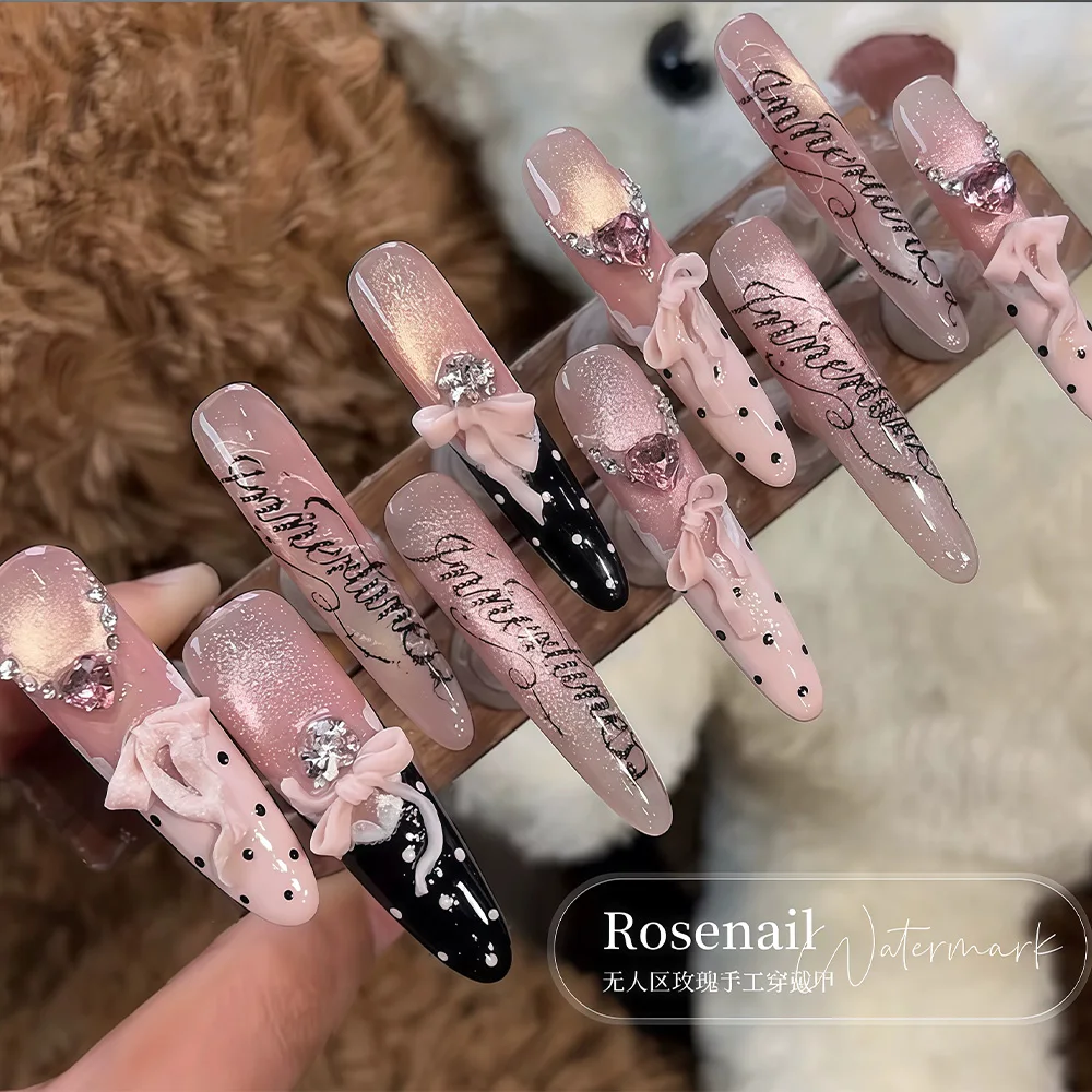 

French Gentle Princess Style Pink Bowknot Pearl Cat Eye Long Pointed Fake Nail Lace Flower Glitter Powder Nail Art Birthday Gift